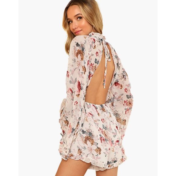 White Floral Print Chiffon Ruffle Long Flare Bell Sleeve Romper Playsuit Dress - Picture 3 of 8